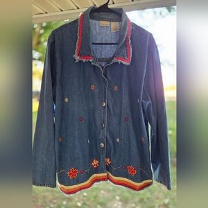 Bobbie Brooks Size XL Vintage Floral Embroidered Denim Jacket 70s 100% Cotton